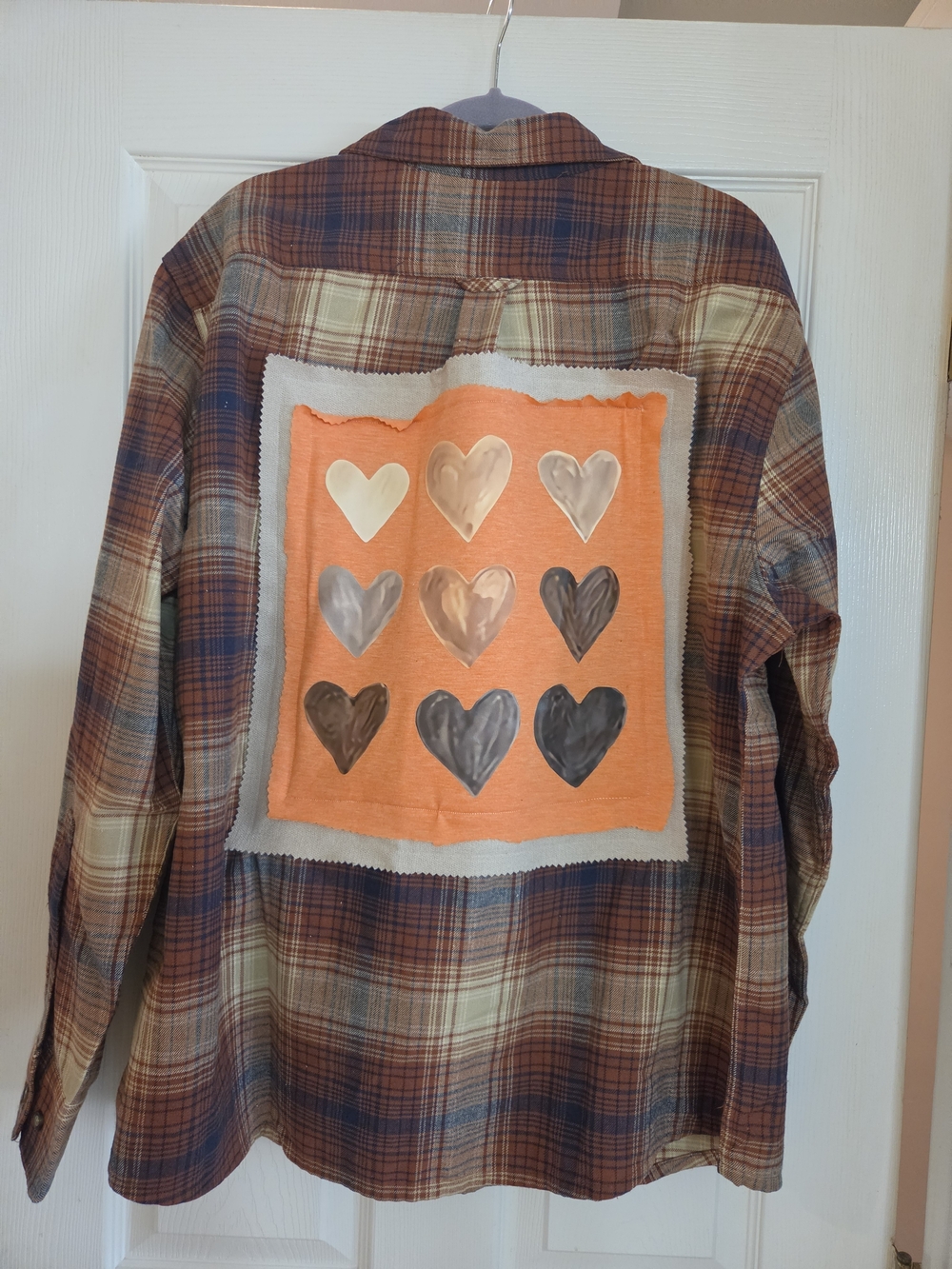 Upcycled Eddie Bauer Plaid Button-Down Shirt with Orange Heart Patch